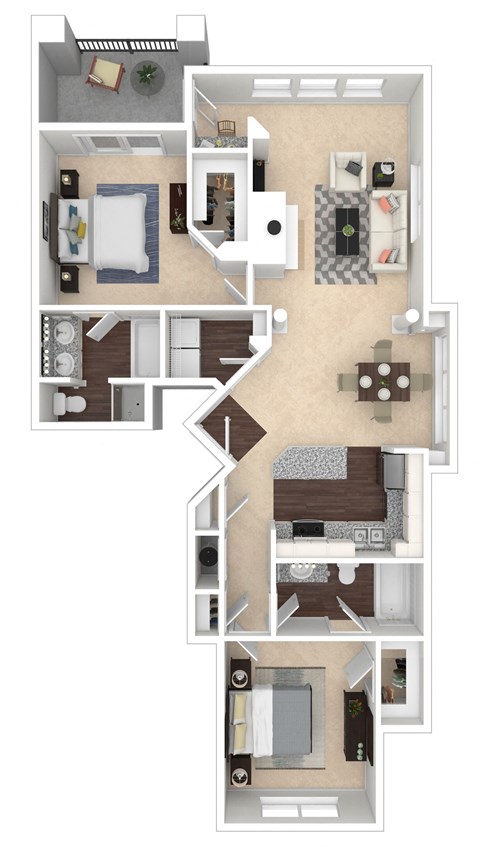 Floor plan for 2 beds, 2 baths, 1227 sqft